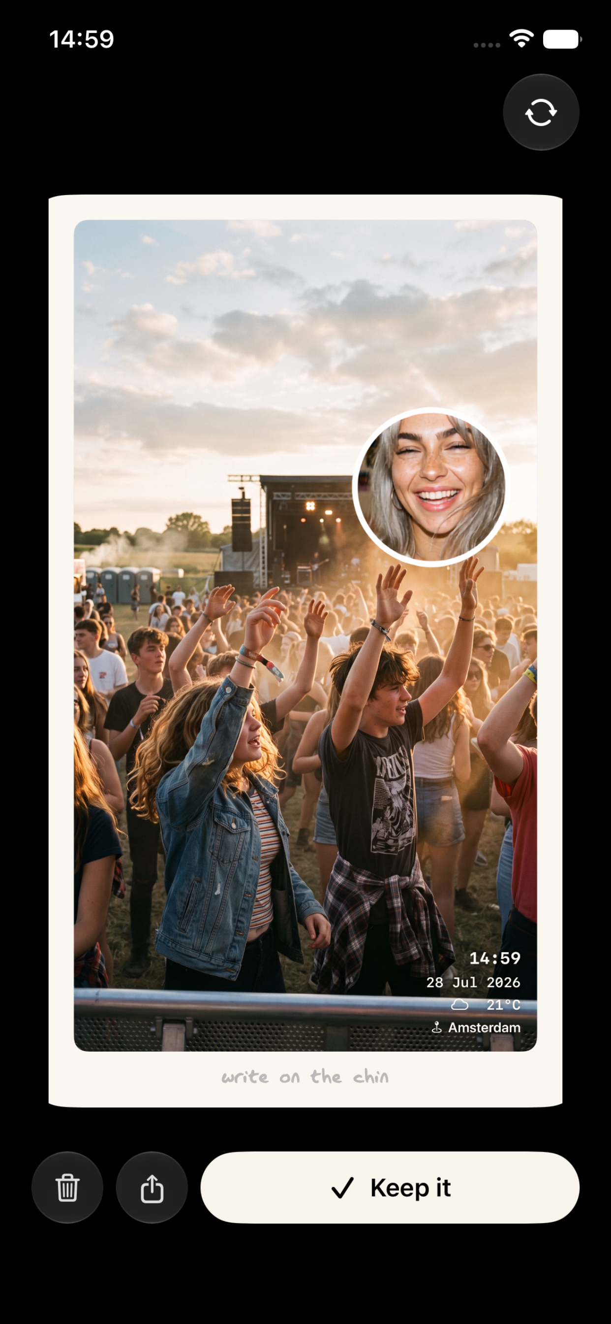Dailies app on iPhone showing a festival print with the time, date, weather, and place baked on